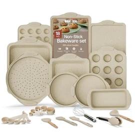 BAKKENMASTER 18-Piece Deluxe Nonstick Carbon Steel Bakeware Set - Professional Kitchen Oven Baking Pans with White Silicone Handles and Accessories