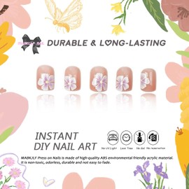 Flower Press on Nails Short Square MABKJLF Nude Pink Fake Nails White Floral False Nails with Designs Natural Nails Full Cover Glossy Glue on Nails Summer Spring Acrylic Nails for Women Girls 24 Pcs