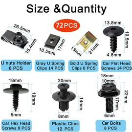 CHmiss 72 StüCk Karosserieschrauben Set,U Typ Auto Befestigung Clips, Blechmutter Schraube Mutter Clip Kit,FüR Auto Body Undertray Fender TüRverkleidung,StoßStange