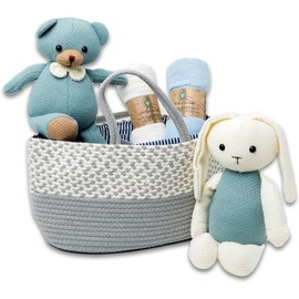 Caddy Basket - New Baby Gift Set. New Born Baby Gift Set. Gender Reveal - 5 piece set includes: Reusable Caddy, Crochet Rabbit and Bear and 2 X Muslins - This Is My Bag