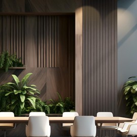 OUZUGIE WPC Acoustic Slat Wall Paneling, 8-Pack 114 x 6 Inches 3D Wall Panels for Interior Wall Decor,Living Room,TV Background,Study Room,Office Spaces,Bedroom,Low Grille (Walnut)