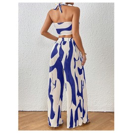 OYOANGLE Women's 2 Piece Outfits Graphic Print Knitted Crop Halter Top and Wide Leg Pants Set Royal Blue Medium