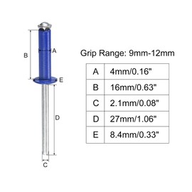 sourcing map Aluminum Blind Rivets, 4mm x 16mm 27mm Mandrel Open End Rivet Flat Round Head for Joining Metal Plate, Blue 100 Pcs