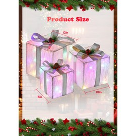 3 Pieces Foldable Christmas Decorations Lighted Gift Boxes, 12" 10" 8" with 60 Pre-Lit Mini String Lights，LED Xmas Gift Boxes with Bows for Tree Indoor Outdoor Holiday Party Yard Home Decor