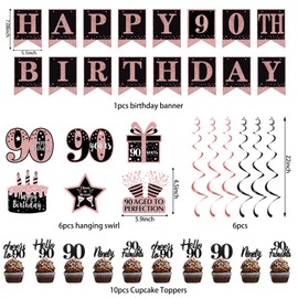 Trgowaul 90th Birthday Decorations for Women, 22pcs Rose Gold Happy Birthday Party Supplies, 90th Banner, Hanging Swirl Flag, Paper cupcake toppers, Birthday Balloons, 90 Year Old Birthday Set
