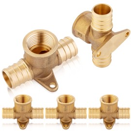 (Pack of 5) EFIELD 3/4" Pex x 3/4" Pex x 3/4" Female NPT Drop-ear Tee Crimp Brass Fittings, ASTM F1807,(PEX1807531)