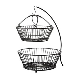 Mikasa Gourmet Basics Tully 2-Tier Iron Storage Basket with Banana Hanger, Breathable Basket Organizer for Fruits, Vegetables, Snacks - Modern & Decorative Fruit Bowl, 12"x17" (Black)