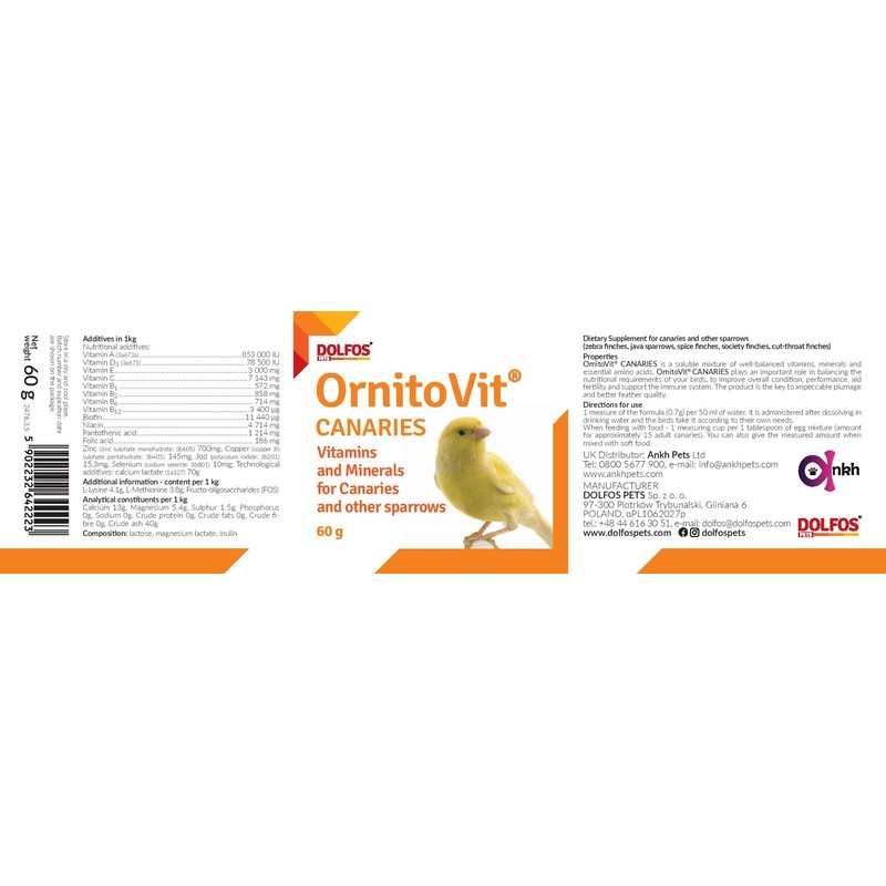 OrnitoVit Canaries 60g Zebra Finches Java Canaries Vitamins Minerals Amino