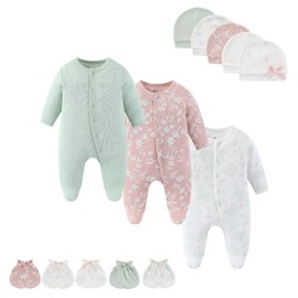 MAMIMAKA Baby Boy Girls Clothes Cotton Footed Jumpsuits Long Sleeve Newborn Caps and Scratch Mittens Set 0-6 Months