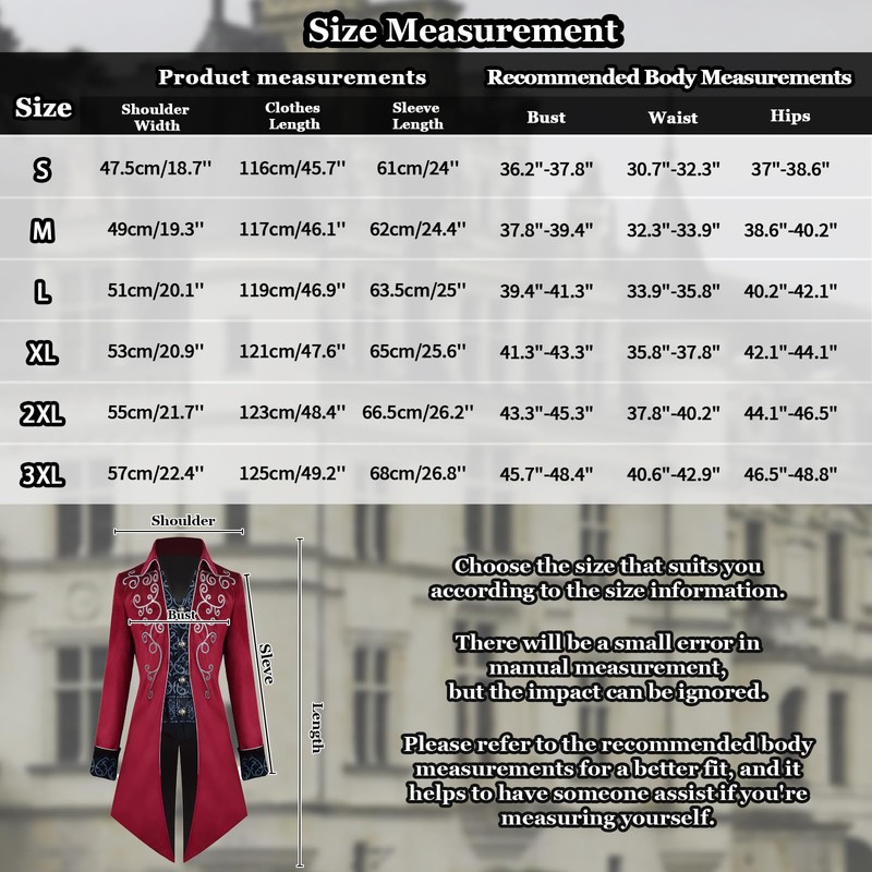 YORDET Medieval Steampunk Men's Tuxedo Gothic Retro Coat Carnival Victorian