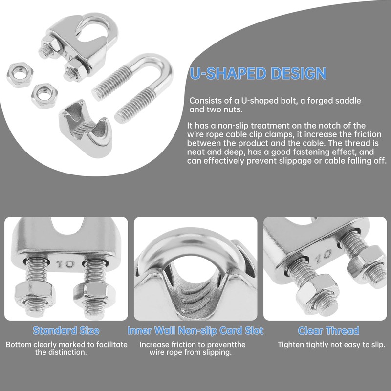 3/8" Wire Rope Clamp,10 pcs Cable Clamps 304 Stainless Steel