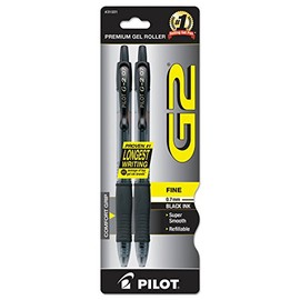Pilot Products - Pilot - G2 Roller Ball Retractable Gel Pen, Black Ink, Fine, 2 per Pack - Sold As 1 Pack - Gel ink formula. - Soft cushion grip. - Check safe and smear-proof.