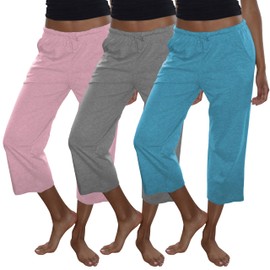 Sexy Basics Women's 3 Pack Cotton Lounge Pants | Sleep -Capri -Yoga Style Drawstring PJ Bottoms