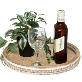 Beaded 13-Inch Round Wooden Tray Rustic Brown Serving Platter for Coffee Table Centerpieces Ottomans and Farmhouse-Style Counters Versatile Home Decor for Living Rooms