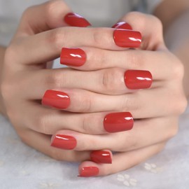 LINSSQ Glossy Orange Red Press on Nails,Short Squoval False Nails,Beauty Solid Color Manicure Reusable UV Gel Fake Finger Nail Art for Daily Office Party