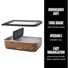 S'well Stainless Steel Bento Box, Teakwood, Fits One Large Entree Or Small Entree And Snack, Includes Removable Divider, Leakproof, Easy to Clean, Dishwasher Safe