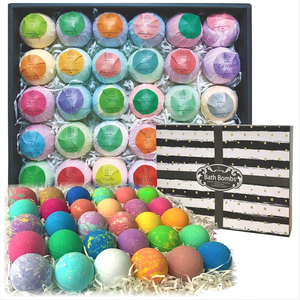 Bulk Bath Bombs 30 Pc Gift Set by Purelis. Ultra Luxury Bath Balls Individually Wrapped for Men & Women! Paraben & Sulfate Free Organic Spa Fizzies Infused with Essential Oils.