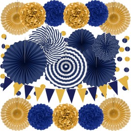 Reusable Navy Gold Party Decorations for Birthday Parties, Weddding Decor 19pcs Hanging Paper Fans, Pom Poms Flowers, Garlands String Polka Dot and Triangle Bunting Flags by Wonsta