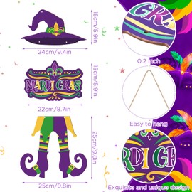 Mardi Gras Front Door Sign Witch Hat Legs Mardi Gras Beads Carnival Wooden Front Door Hanger Purple Yellow Green New Orleans Vertical Wood Hanging Sign Decoration for Wall Rustic Farmhouse Porch Decor
