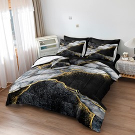 Merryword Black Marble Comforter Set Full Size 8 Pieces Bed in a Bag Gold Metallic Marble Design Bedding with 1 Comforter, 4 Pillowcase, 1 Flat Sheet, 1 Fitted Sheet, 1 Cushion Cover