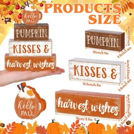 4 Pcs Fall Decor for Home Hello Fall Wooden Signs with Sayings Autumn Thanksgiving Tiered Tray Decor Pumpkin Ice Cream Cup Tabletop Centerpiece Harvest Wishes Block Signs for Office Kitchen Shelf