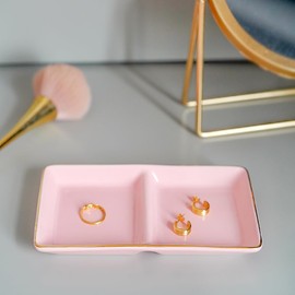 HANKOR Ceramic Jewelry Dish Tray, 2 Compartment Ring Dish, Decorative Trinket Tray for Rings, Earrings, Keys, Birthday Christmas Gifts, Pink