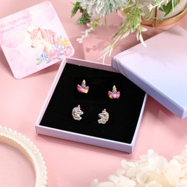 Unicorn Earrings for Girls 2 Pairs Silver Color Unicorn Stud Earrings Flower Horn Unicorn Colorful Rhinestone Unicorn Earrings Cute Jewelry Birthday Party Gifts for Girls Daughter Girlfriend