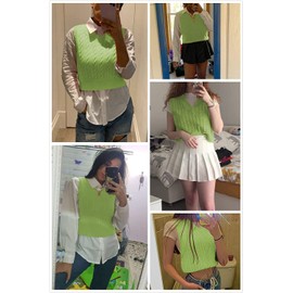 Lailezou Women's V-Neck Knit Sweater Vest Solid Color Argyle Plaid Preppy Style Sleeveless Crop Knit Vest