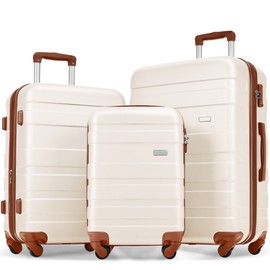 Merax Luggage Sets Hardshell 3 Piece Suitcase with Spinner Wheels & TSA Lock ABS Lightweight Durable Travel Luggage 20''/24''/28'' for Airline Carry-On (Ivory and Brown, No Extended Functions)