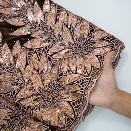 SJD LACE African Lace Fabric 5 Yards, Nigerian Lint Rhinestone Embroidery Lace Fabric with Sequins for Daily/Party/Wedding Sewing