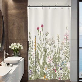 Riyidecor Stall Wildflower Small Half Shower Curtain 36Wx72H Inch Farmhouse Flower Botanical Floral Plant Herbs Vintage Decor Bathroom Windows Fabric Polyester Waterproof 7 Pack Plastic Hooks