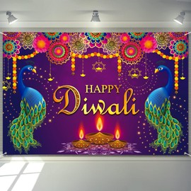Arosche Extra Large Happy Diwali Banner 72" x 48" India Festival of Lights Peacock Diwali Backdrop Decorations Party Supplies Photography Background for Indoor Outdoor Garden,Yard,Party Home Decor
