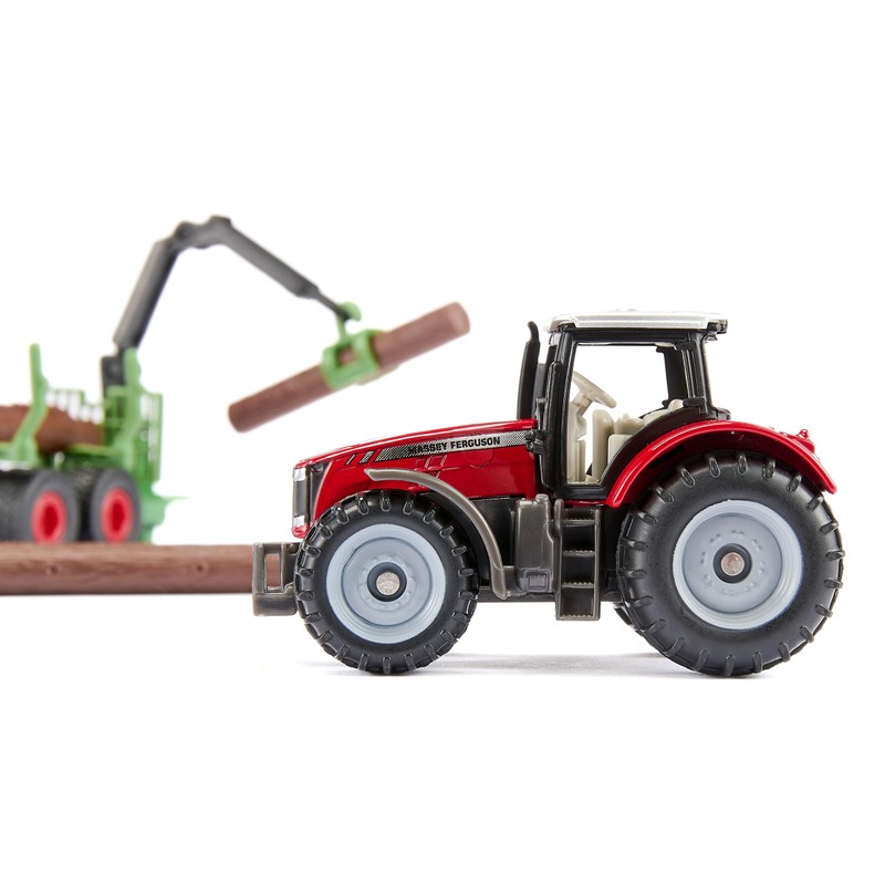 Siku 1134 Trattore Massey Ferguson con rimorchio forestale, gru di