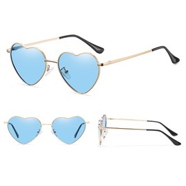 RUNHUIS Polarised Heart Shape Sunglasses Women Men Hippie Glasses Vintage Love Sunglasses for Festival Party Gold Metal Frame with UV400, Gold/Blue