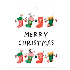 joycraft 50Pcs Merry Christmas Gift Tags with String, 3.3x2.1 Inch Christmas Name Tags, Winter Holiday Tags, Christmas Stock Kraft Paper Tags, Christmas Tree Tags for Xmas Party, Gift Wrap, DIY Crafts