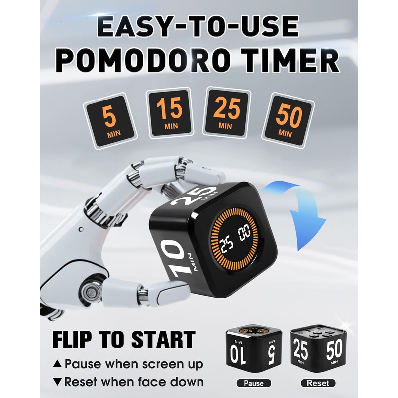 WAFHX Pomodoro Timer Cube for Productivity — 5/25/10/50 Minutes Preset,