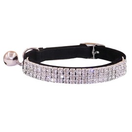 THAIN Rhinestones Cat Dog Collar Soft Velvet Safe Adjustable Collar Bling Diamante with Bells, 8-11 inch for Small Dogs and Cats (Black)
