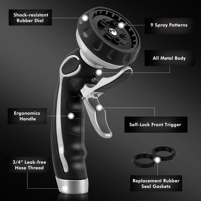 RESTMO Hose Nozzle with Easy Self-Lock Trigger, Heavy Duty Metal
