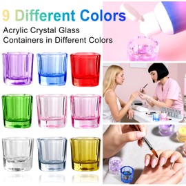 9 colors Dappen Dish Cups for Nail Art Acrylic Liquid - Clear Glass Nail Monomer Liquid Bowl Dampen Dish Acrylic Powder Holder, Acrylic Glass Jar for Nails