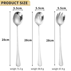 Set of 4 Salad Servers, Stainless Steel, Spork, 28 cm, Table Cutlery for Family, Hotels, Restaurants, Hotels, Parties, Silver