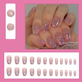 Mkwntg Glitter Press on Nails Medium Square Fake Nails Glossy Purple Line Glue on Nails with Star Design Aurora Meteor Ballerina False Nails Reusable Acrylic Nail for Women DIY Manicure Decor 24Pcs