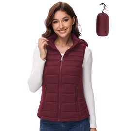 MIDNIGHTSUN Women’s Packable Puffer Vest Lightweight Hooded Full Zip Warm Winter Puffy Vest (Wine, X-Large)