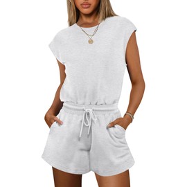 ANRABESS Rompers for Women Summer 2025 Casual Cap Sleeve Crewneck Drawstring One Piece Jumpsuit Outfits with Pockets Light Grey Large