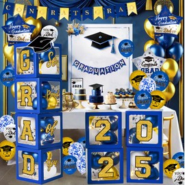 Graduation Decorations Class of 2025 - Blue and Gold Balloons Boxes with Letters 2025 GRAD So Proud of You - Complete Party Supplies for High School & College Celebrations