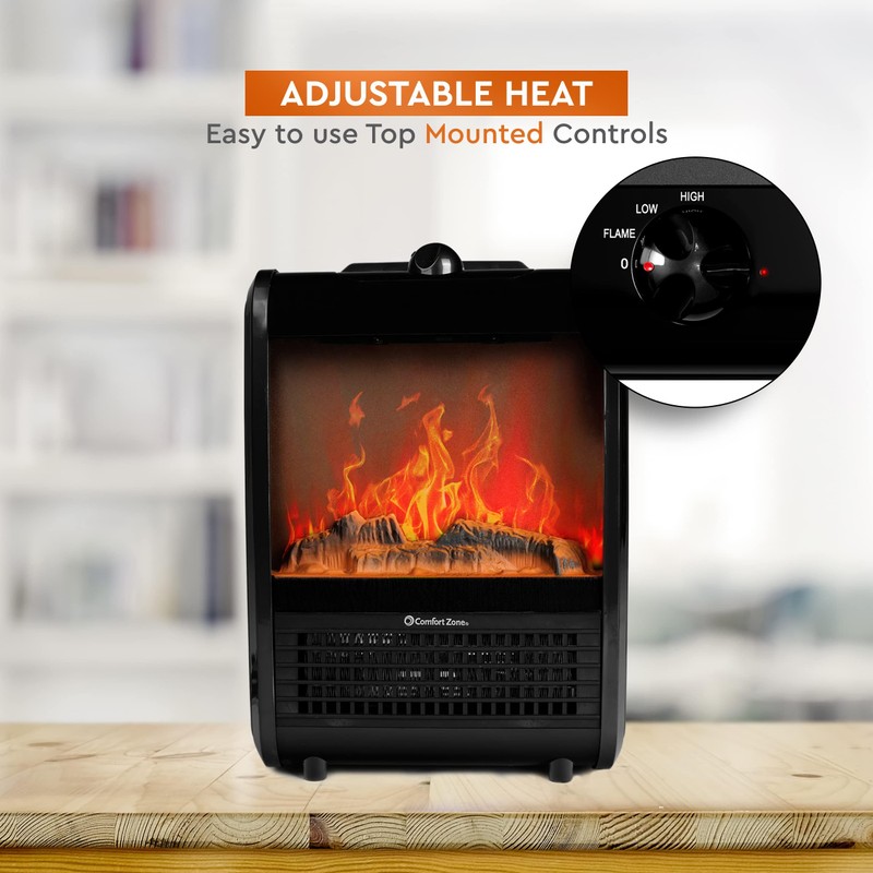 Comfort Zone 1,200W Electric Mini Fireplace Space Heater with Realistic