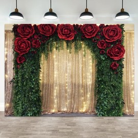 ASDCXZ 10x8ft Golden Glitter Wedding Backdrop Red Rose Green Leaves Photography Background Gold Sequin Wall Arch Bridal Shower Banner Decorations Birthday Baby Shower Portrait Photo Booth Prop
