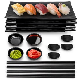ELFULLY 16 Pcs Sushi Plate Set, Melamine Sushi Serving Dishes, Japanese Dinnerware Sets with 4 Sushi Trays, 4 Soy Sauce Bowls 4 Pairs of Chopsticks and Holders, Wedding Housewarming Gift, Black
