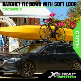 XSTRAP STANDARD 1in x 14ft Ratchet Straps with Ergonomic Aluminium Alloy Handle and Coated S-Hooks - 500 lb. Working Load Limit / 1,500 lb. Breaking Strength - Green, 8PK