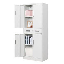YEEZER Metal Storage Cabinet with 1 Drawer, Lockable 71 "H Steel Filing Cabinet with 2 Adjustable Shelves, Suitable for Offices, Garages, Warehouses, Schools, and Homes（White）