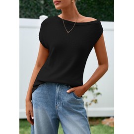PRETTYGARDEN Womens Off The Shoulder Tops 2025 Summer Casual Short Sleeve Tunic T Shirts Lightweight Knit Sweaters (Black,Large)